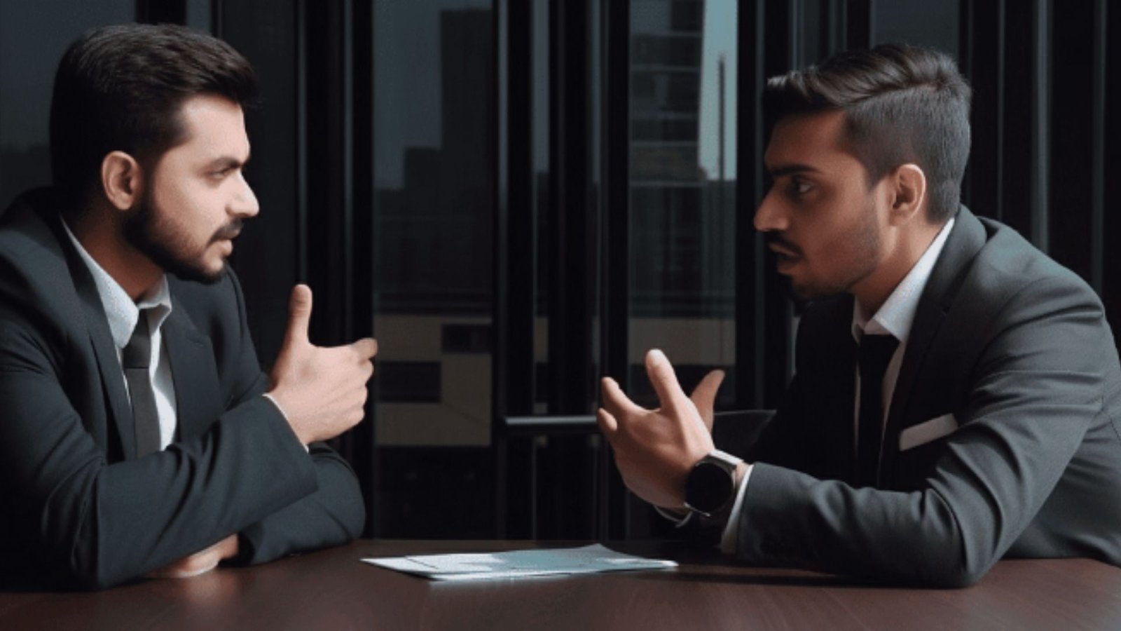 A Picture of Two Man Wearing Black Suits Talking Face to Face 